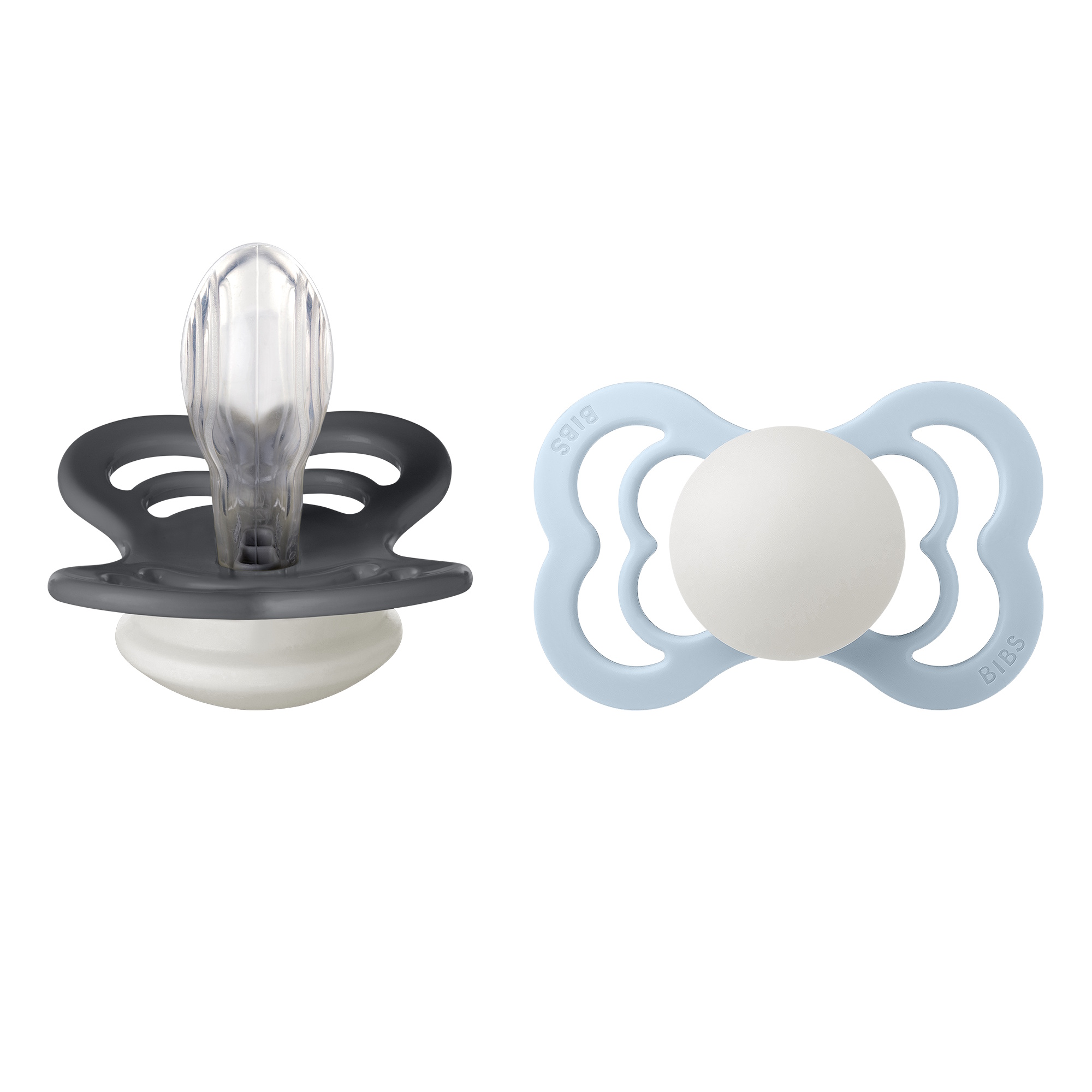 BIBS Pacifier Supreme 2 PACK Silicone Size 2 Iron Glow/Baby Blue Glow