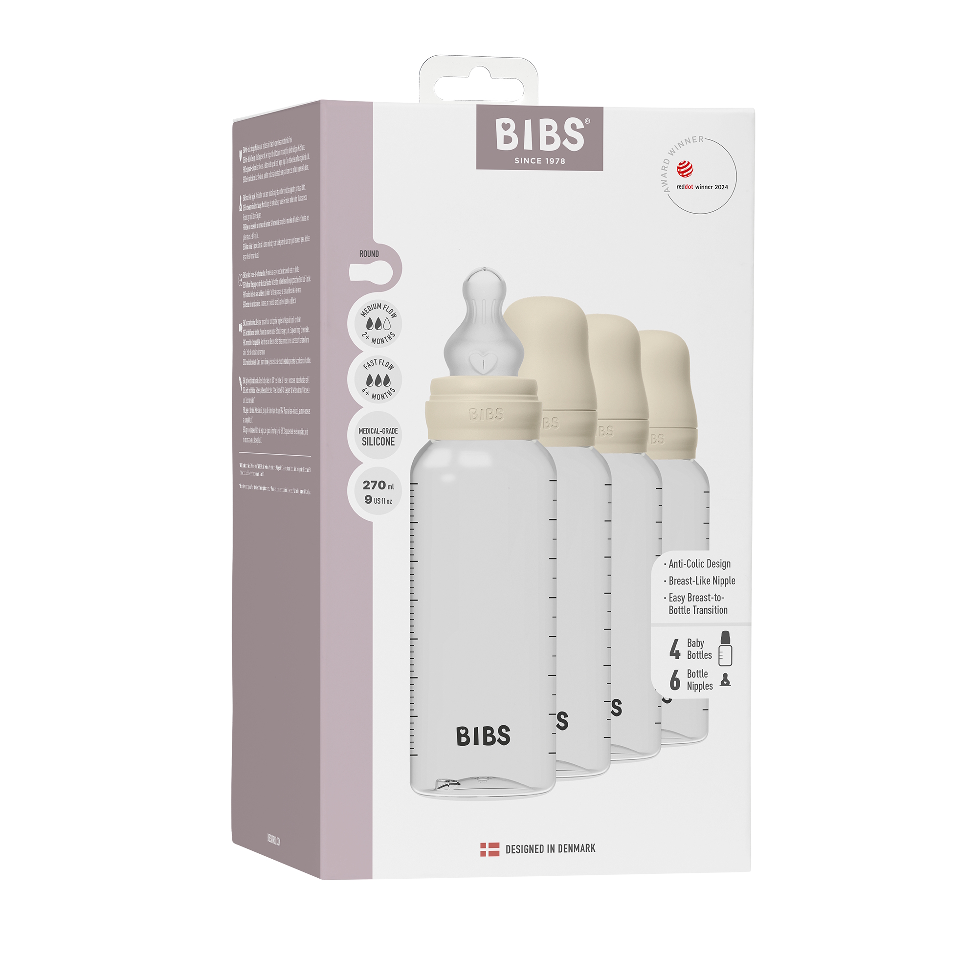 BIBS Baby Bottle Round Silicone 4 pack 270 ml Ivory