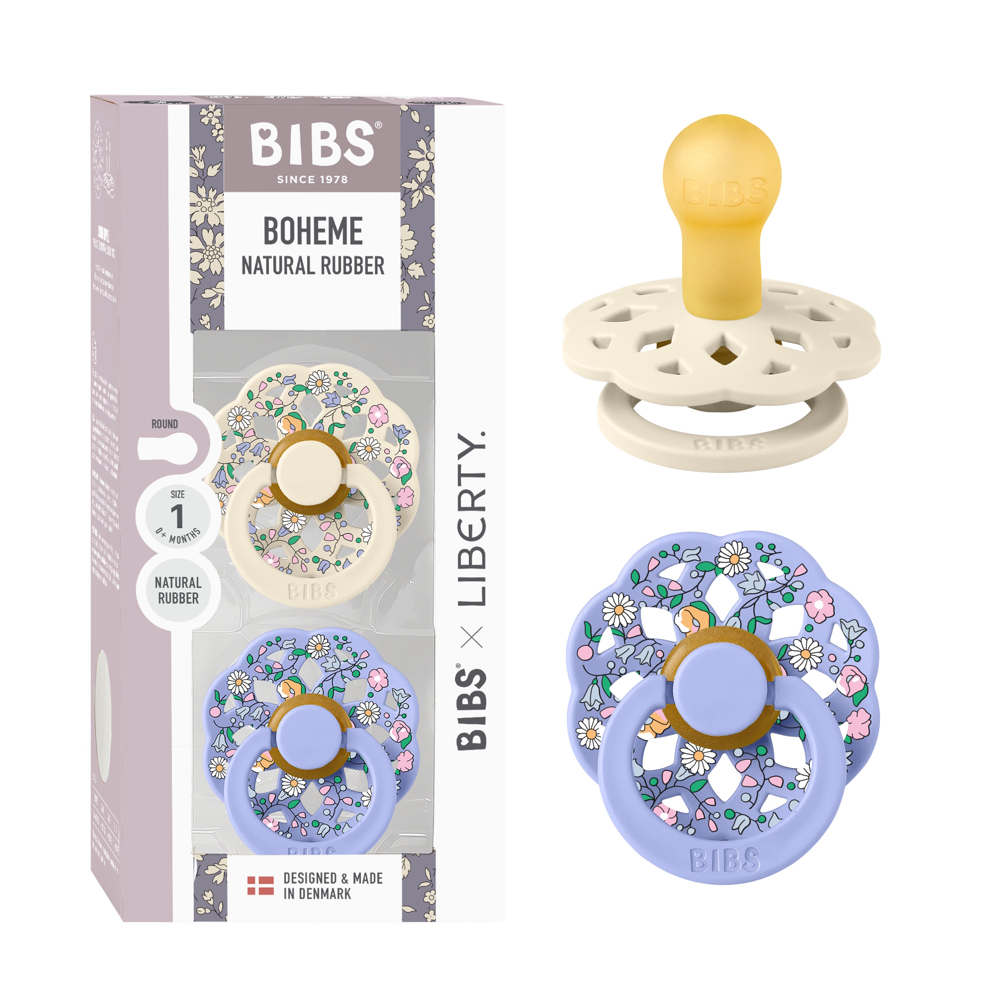 BIBS x Liberty Pacifier Boheme 2 PACK Chloe Meadow Latex Size 1 Ivory Mix