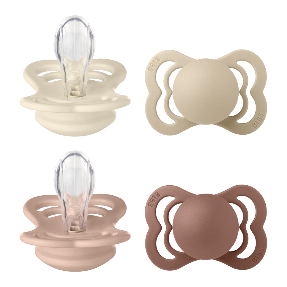 BIBS Pacifier Supreme 4 PACK Silicone Size 1 Ivory/Vanilla/Blush/Woodchuck