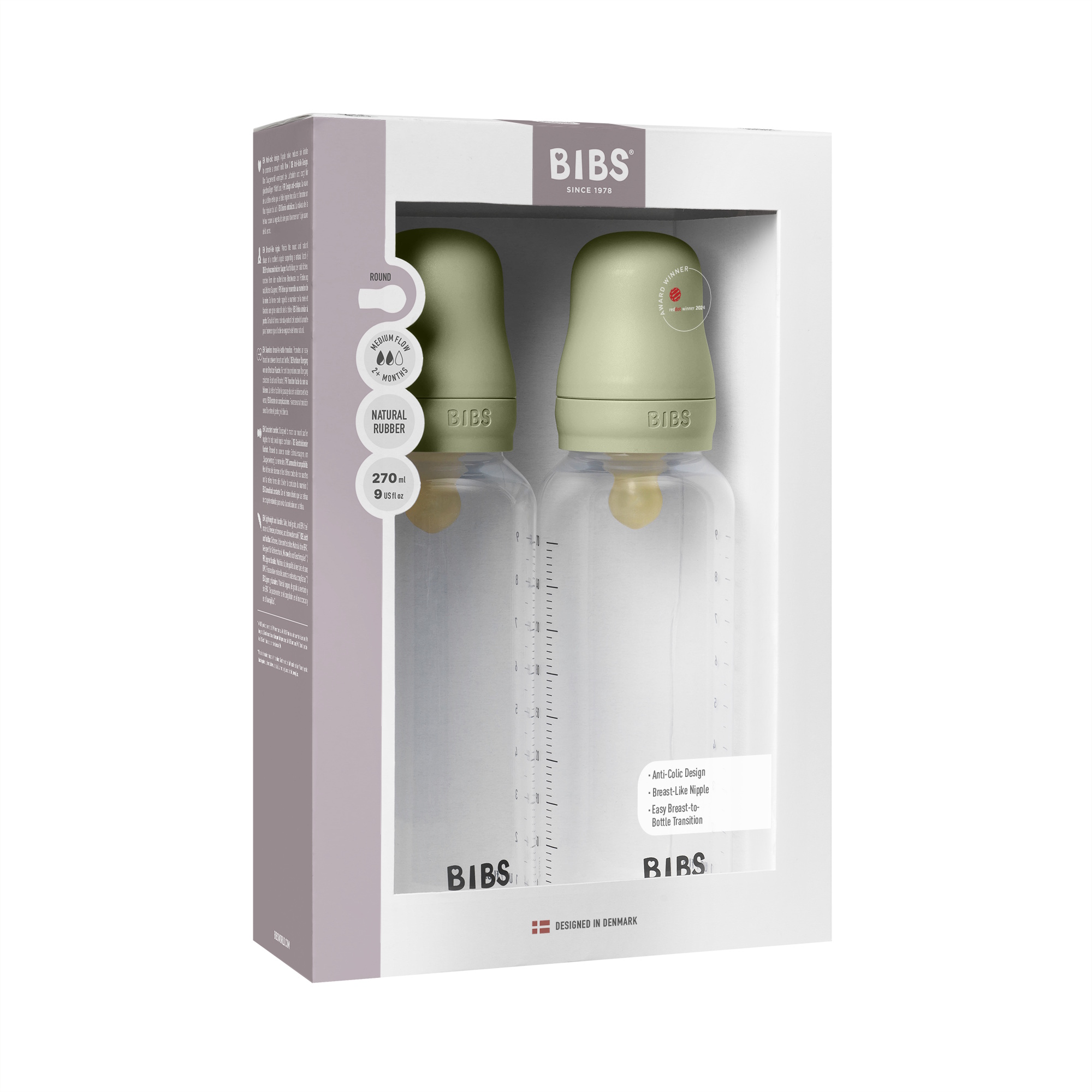 BIBS Baby Bottle Round Latex 2 pack 270 ml Medium Flow Sage
