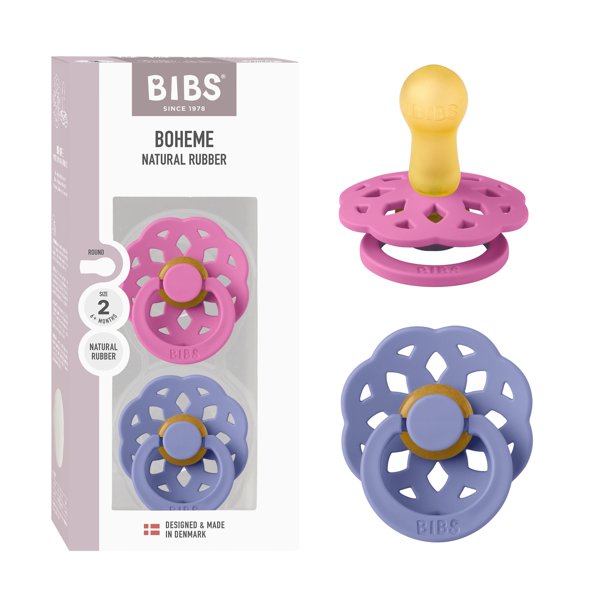 BIBS Pacifier Boheme 2 PACK Latex Size 2 Bubblegum/Peri