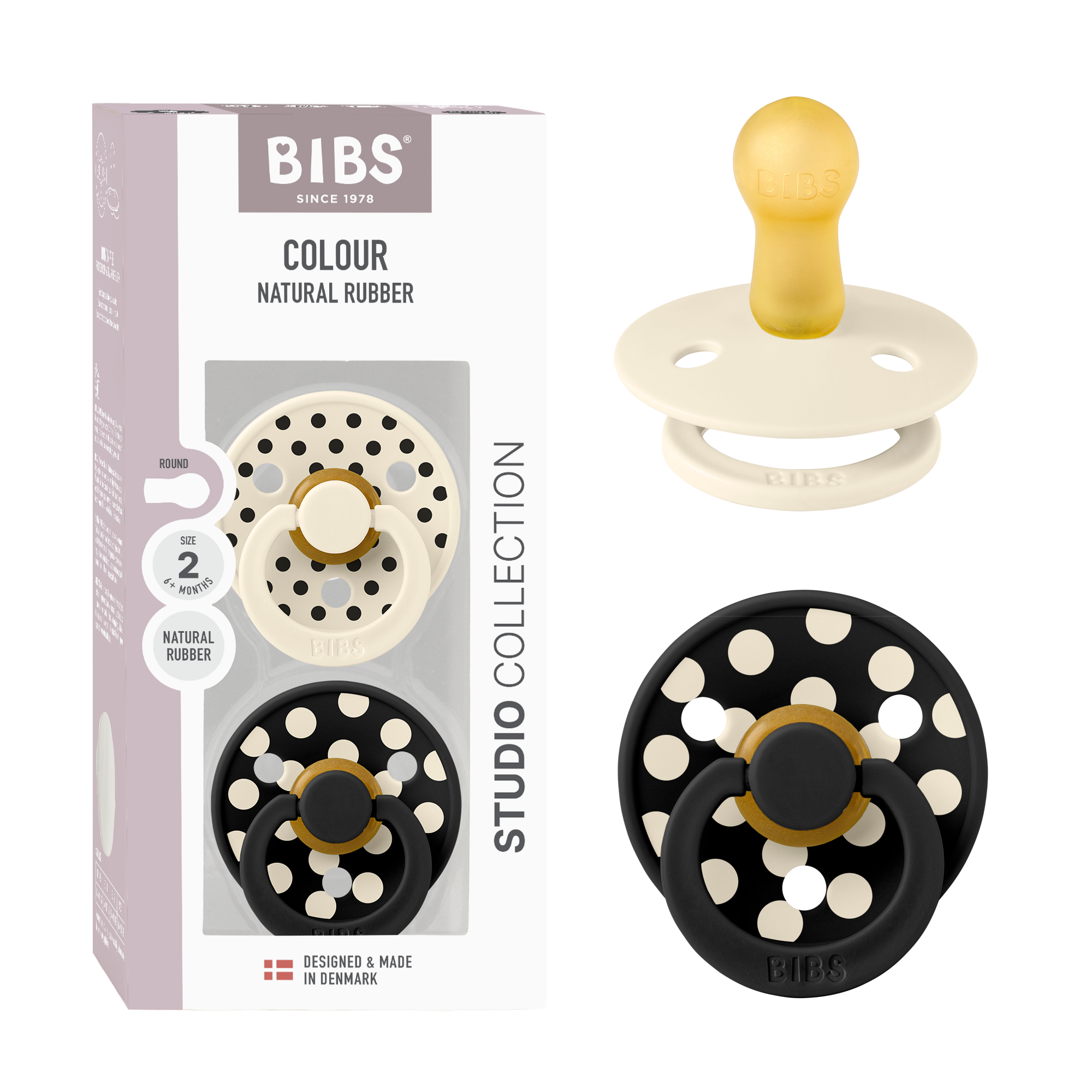 BIBS Pacifier Studio Colour 2 PACK Polka Latex Size 2 Ivory/Black