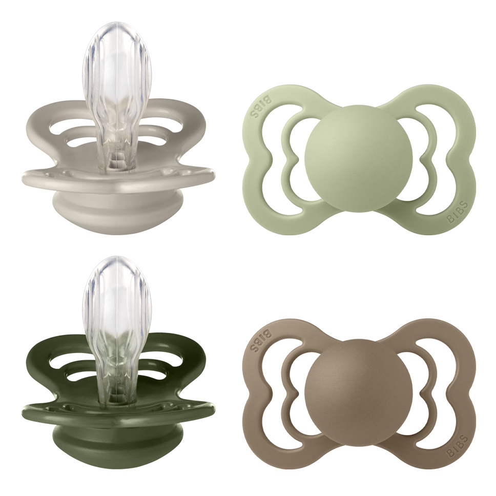 BIBS Pacifier Supreme 4 PACK Silicone Size 2 Sand/Sage/Huntergreen/Dark Oak
