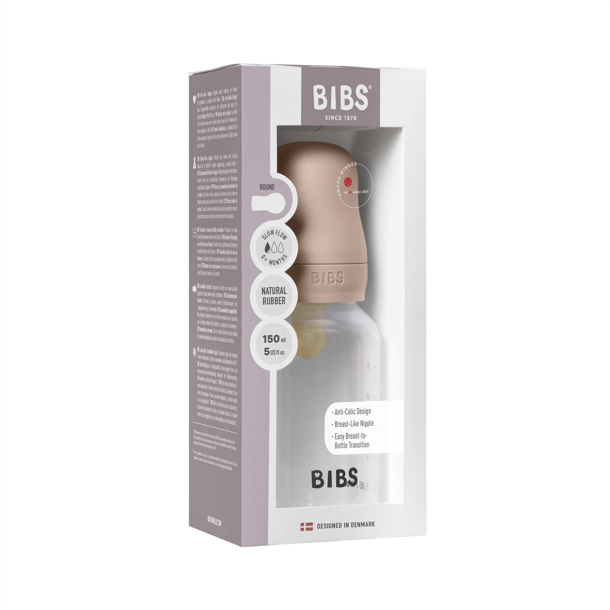 BIBS Baby Bottle Round Latex 1 pack 150 ml Slow Flow Blush