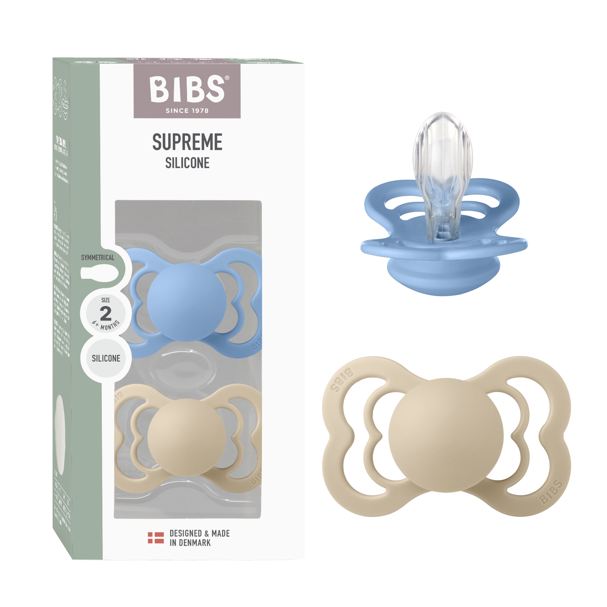BIBS Pacifier Supreme 2 PACK Silicone Size 2 Vanilla/Sky Blue
