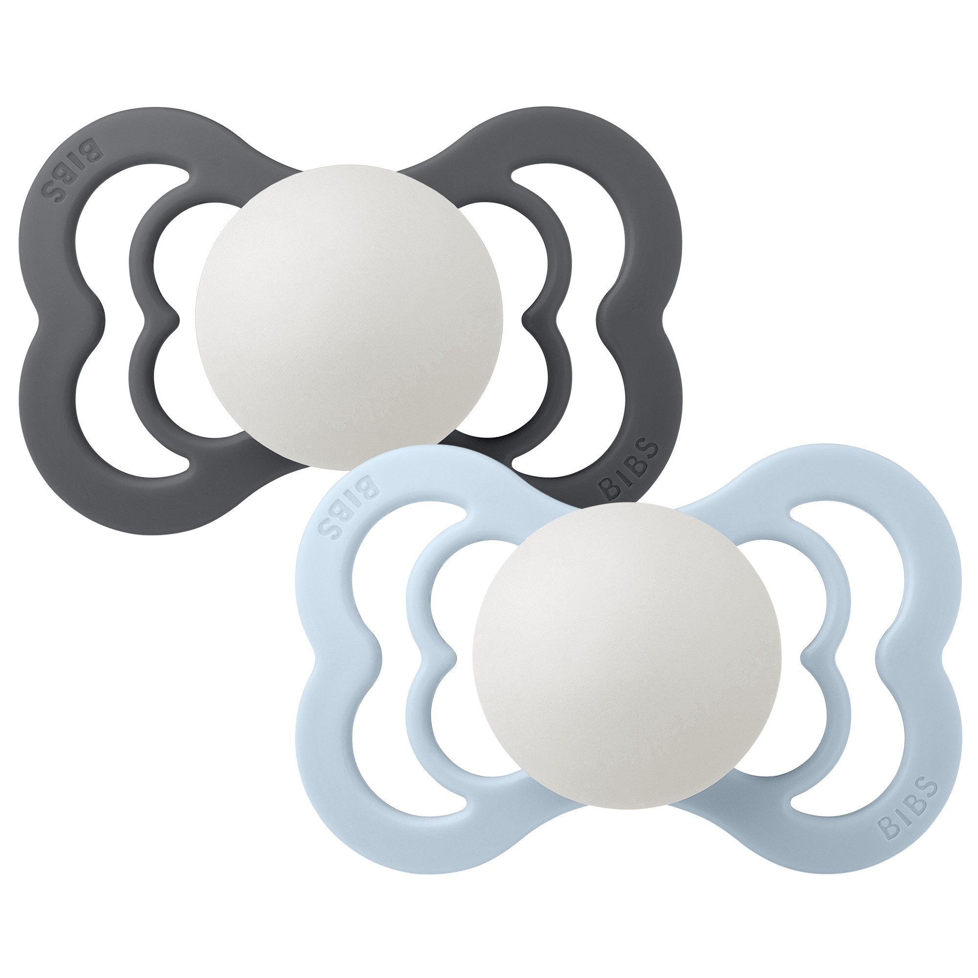 BIBS Pacifier Supreme 2 PACK Silicone Size 2 Iron Glow/Baby Blue Glow